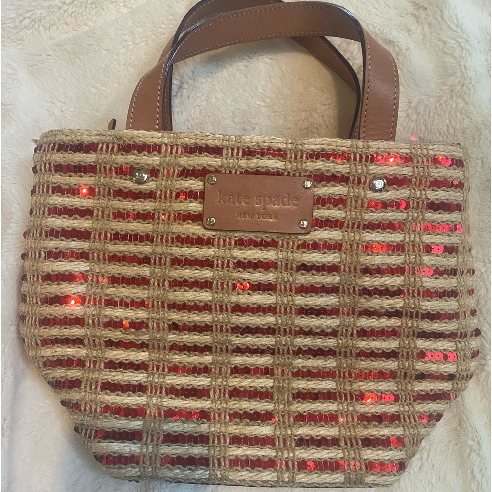 Kate Spade woven red sequin striped handbag.